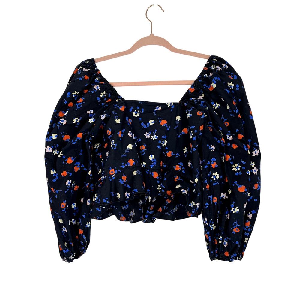 Collusion Black w/ Blue, Red & White Flowers 100% Cotton Crop Corset Top Size 10